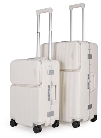 JLY 2-Piece Suitcase Set – Covestro Polycarbonate Small Cabin & Large Check-in Luggage with Front Lid Access, Cup Holder, Bag Hook, Spinner Wheels & TSA Locks – Warm White
