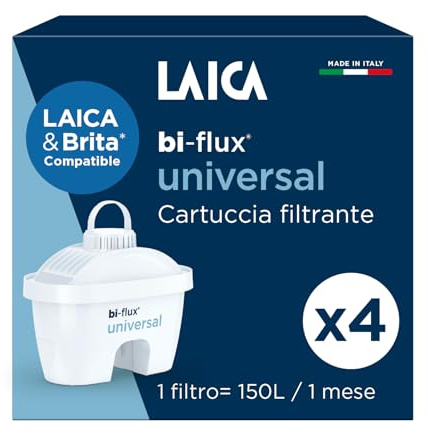 LAICA bi-flux universal 4 Filtri Acqua - Compatibile con LAICA e Brita | Preserva i sali minerali, riduce cloro, calcare e microplastiche, 4 cartucce (4 mesi, 150L ciascuno), Made in Italy