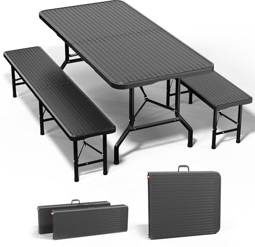 JUMMICO Table de Jardin Pliante 3 Pièces (2 Bancs Pliables + 1 Table Pliante). Aspect Rotin, Robuste et Durable : Chaque Banc Supporte 300 kg. Accueille 4-6 Personnes. Idéal pour Jardin ou Camping