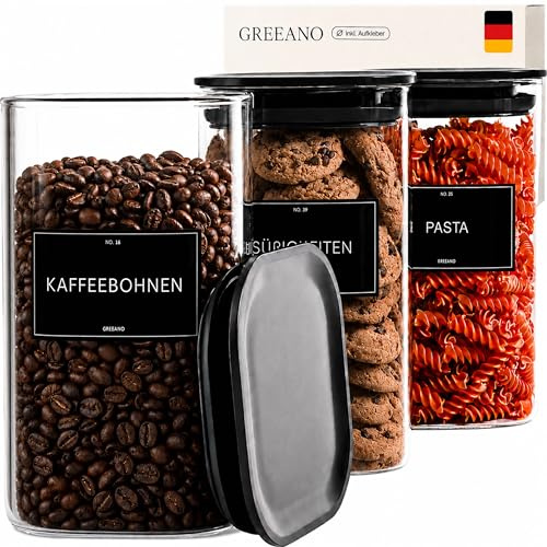 Greeano Lot de 3 bocaux de conservation carrés avec couvercle 1300 ml | Bocaux de conservation hermétiques et anti-mites en verre pour aliments, pâtes, farine, céréales, riz, etc