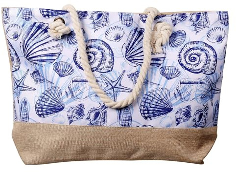 Uniqthing Strandtasche Damen Groß – XXL Beach Bag mit Seilgriffen – Maritime Tasche mit Muschel-Design – Shopper aus Canvas & Jute – Perfekt für Strand, Urlaub & Alltag