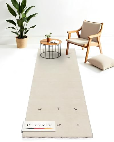 carpetfine Wollteppich Gabbeh Uni Läufer Weiß 80x300 cm | Moderner Teppich für Wohn- und Schlafzimmer