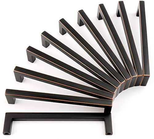 KOOFIZO Massive quadratische Griffe für Küchenschränke, ölgeriebene Bronze, Schrankgriffe, 128 mm Schraubenabstand, 10 Stück für Küchenschranktür, Schlafzimmer, Kommode, Badezimmerzubehör