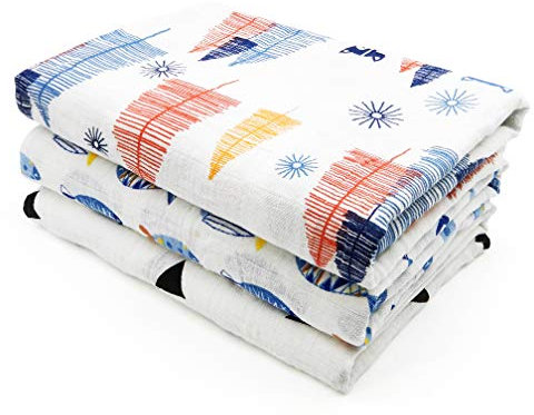 ALBOYI Lot de 3 débarbouillettes en mousseline de coton pour bébé 120 cm x 120 cm Motif dessin animé Grand carré de gaze Couverture d'emmaillotage Lingettes de douche (poisson/renard/imprimé