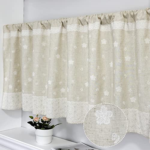 choicehot Kurzgardinen mit Weiße Blüten Baumwolle Leinen - Bistrogardine Küchenvorhänge Beige Vintage Scheibengardinen Landhausstil für Badezimmer, Küche, Dachfenster 60x145cm