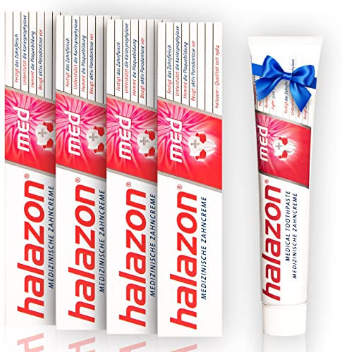 halazon® med – 4er Pack medizinische Zahnpasta (75ml) + eine GRATIS Packung - Medizinisch wirksame Zahncreme für empfindliche Zähne & gegen Zahnfleischentzündung/Paradontose Zahnpasta