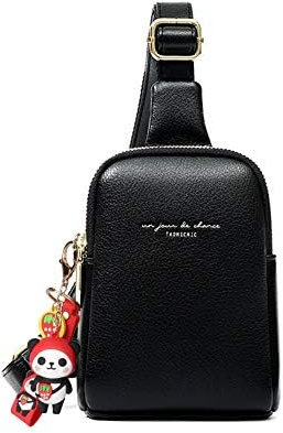 Aeeque Sling Bag Brusttasche, Crossbody Umhängetasche Damen Leder,Schultertasche Schulterrucksack Geldbörse Unisex für Outdoorsport/Reisen/Einkaufen mit 1x Schlüsselanhänger Panda - Schwarz