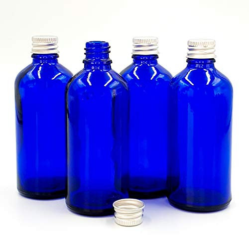 Avalon Cosmetic Packaging Lot de 4 bouteilles en verre bleu avec couvercles à visser en aluminium argenté 100 ml