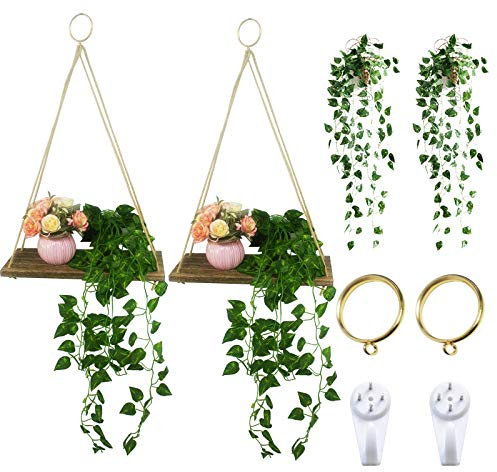 Holz Regal Wandregal mit Künstliche Pflanzen - Wandregal Schweberegal mit Seil Hängeregal Schweberegale, 2pcs Schweberegale + 2pcs Künstliche Pflanzen (2er Set)
