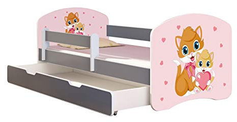 ACMA Kinderbett Jugendbett mit Einer Schublade und Matratze Grau mit Rausfallschutz Lattenrost II (33 Miezekatzen, 180x80 + Bettkasten)