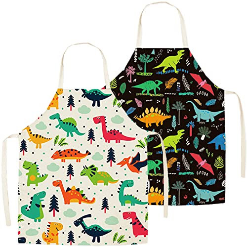 Kinder Schürzen Set 2 Stück Dinosaurier Kinder Schürze Malschürze Kinder Kinder Koch-Set Kochschürze für Basteln Malen Backen Kochen(4-15 Jahre)