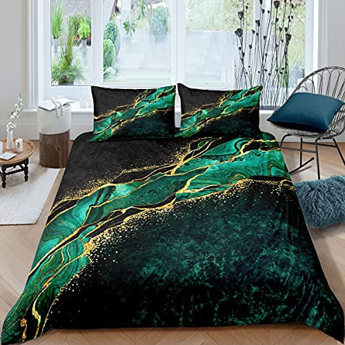 Marmor Bettwäsche Set 155x220,Türkis Flüssiger Trösterbezug Für Kinder Teens Erwachsene Frauen Schlafzimmer,Bronzing Marmor Bettbezug Abstrakte Steinmuster Tagesdecke mit 1 Kissenbezug,Grün Gold