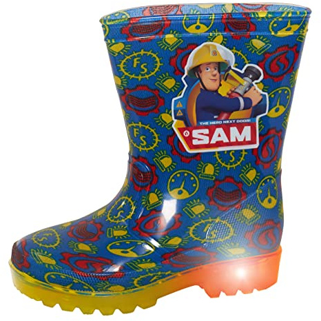 Fireman Sam Light Up Wellington Boots For Boys Wellies Kids Flashing Lights Rain Shoes Blue 5 UK Child