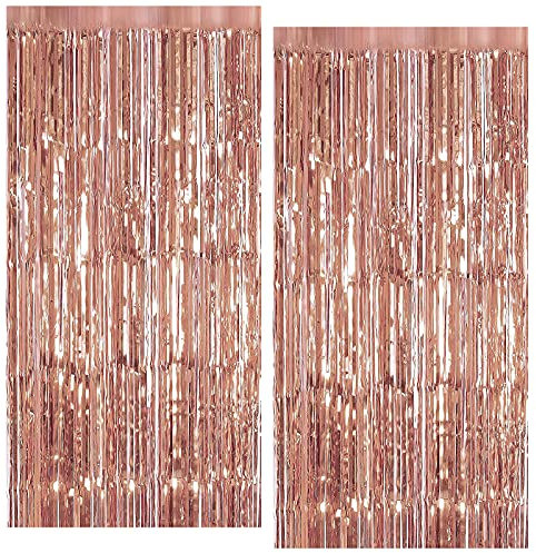 2 Stück Glitzer Vorhang Deko, Metallische Lametta Vorhänge Rosegold Folien Fransenvorhang Lametta Vorhang Schimmer für Hochzeit, Verlobung, Geburtstag, Bachelorette, Party, Bühnendekoration (1X2M)