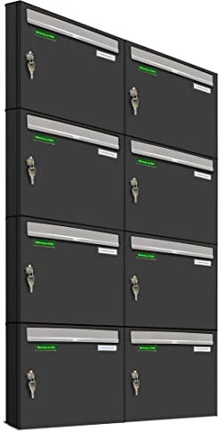 AL Briefkastensysteme Basic 8er Briefkasten RAL 7016 Anthrazit Grau/Einwurfklappe RAL 9006 Weiß Aluminium 8 Fach DIN A4 wetterfest mit Posthaltebügel und 2 Namensschildern