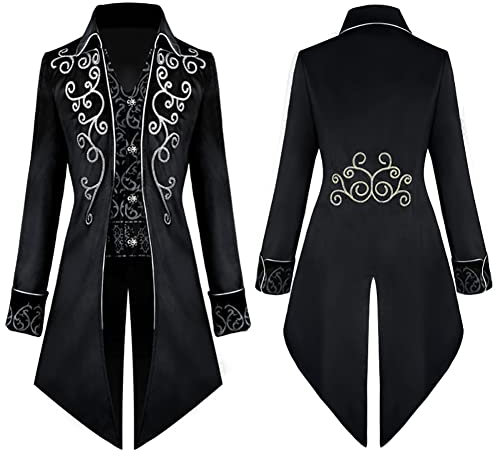 Mittelalter Kleidung Herren Frack Jacke Smoking Steampunk Mantel Gothic Männer Captain Jack Sparrow Kostüm Halloween Karneval Faschingskostüme Viktorianisches Renaissance Vikings Gehrock Schwarz XL