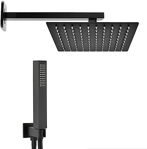 Set doccia con soffione e doccetta nero opaco, acciaio INOX e abs, anticalcare (25x25 cm, Quadrato)