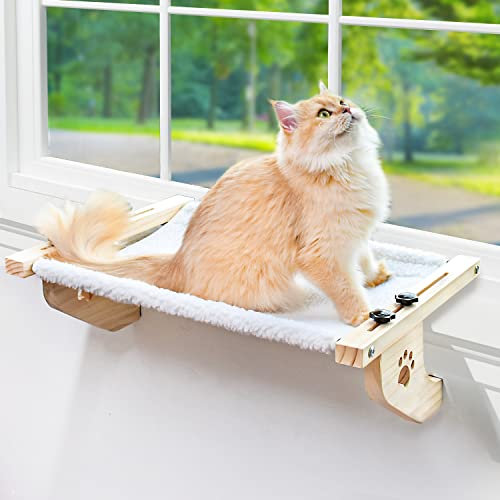 AMOSIJOY Davanzale per gatti, robusta, con struttura in legno e metallo, per gatti di grandi dimensioni, facile da regolare, per davanzale, comodino, cassetti e armadietti (55 cm, peluche bianco)