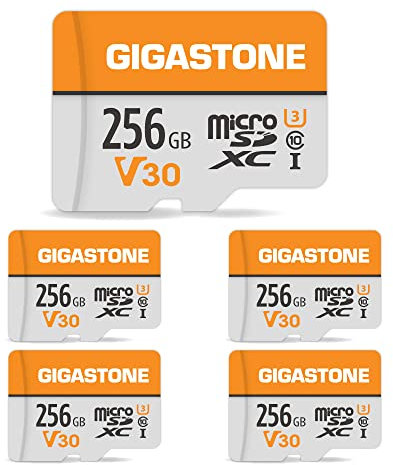 Gigastone Carte Mémoire 256 Go Lot de 5 Cartes, Compatible avec Gopro Drone Caméra Tablette Samsung Sony, Haute Vitesse pour 4K UHD Vidéo, A1 U3 C10 Carte Micro SDXC avec Mini étui et Adaptateur SD