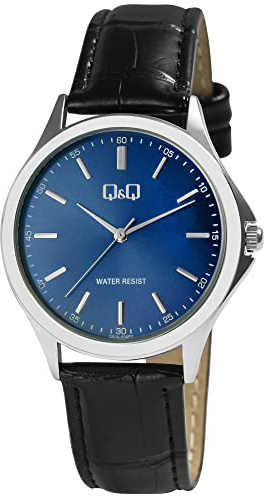 Q&Q Herren-Uhr Kunstleder Armband Dornschließe 3 Bar Analog Quarz (schwarz blau silberfarbig)