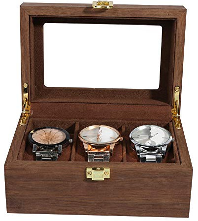 Uhrenbox mit 3 Fächern, Uhrenbox aus Holz, Uhrenkasten Uhren Aufbewahrungsbox mit Glasdeckel, Premium Uhrenschatulle, Geschenkidee, Uhrenbox Herren Geschenk für Boyfriend Ehemann, 16.5 x 11 x 8cm