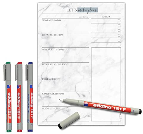 TOBJA Abwischbarer Menüplaner für die Woche mit 4 wasserlöslichen edding Stiften - Praktischer Essensplaner und Whiteboard-Planer - DIN A4 Größe, modernes Design (Blatt + 4 Stifte)