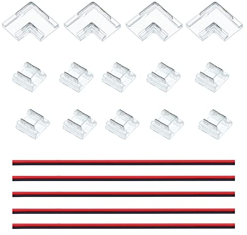 JOYLIT COB LED Streifen Verbinder 2 Polig 8MM, Lötfrei Durchsichtig Steckverbinder Beinhaltet 10 Lückenlose Verbinder, 4 90-Grad-Ecke Verbinder, 5 Verlängerungskabel