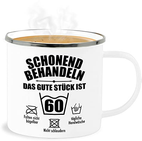 Emaille Becher Blechbecher - 60. Geburtstag Tasse - Schonend behandeln das gute Stück ist sechzig - 300 ml - Weiß Silber - 60er 60zigster blechtasse 60 geb. jahre häferl 60ten alt tassen 60.jahre