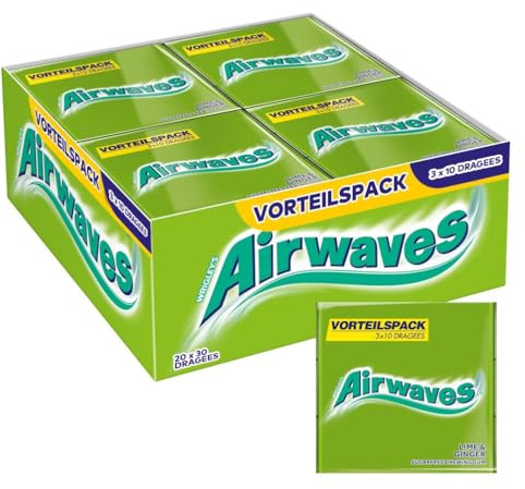 Airwaves Kaugummi Lime Ginger zuckerfrei Großpackung 20x3x10 Dragees | Zuckerfreier Kaugummi mit erfrischender Lime-Ginger-Kombination — die Vorratspackung für Büro, unterwegs und den ganzen Tag