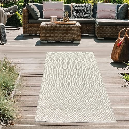 Teppich-Traum Outdoor-Teppich wetterfest Kunststoff Balkonteppich Gartenteppich Picknick Camping Läufer Rauten-Muster beige 90 x 150 cm