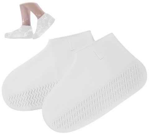 badaren Silikon Regenüberschuhe, 1 Paar Wasserdichte Überschuhe mit Antirutschsohle, Regen Schuhüberzieher, Wasserdichte Schuhüberzieher Silikon für Regen, Schneetag, Schlammige Straßen, Weiß (M)