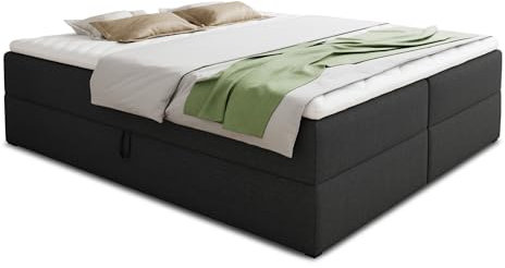 Boxspringbett Base mit 2 Bettkästen - Doppelbett mit Bonell-Matratze und Topper, Polsterbett, Freistehendes Bett, Bettgestell, Schlafzimmer (Schwarz (Inari 100), 180 x 200 cm)