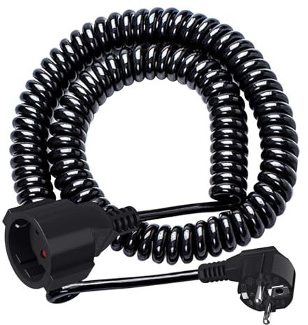 Cavo di prolunga a spirale, con 1 presa Schuko, 3 m, cavo a spirale estensibile da 0,9 m a 3 m Max, 230 V, 16 A, cavo di prolunga IP20, nero
