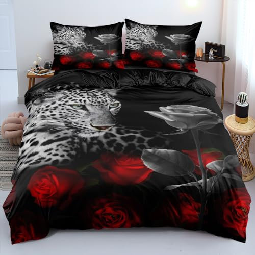 DXHOME Parure de lit réversible 220 x 240 cm - Motif léopard rouge et roses - En microfibre douce - 3 pièces - Pour couple - Lit double avec fermeture éclair et 2 taies d'oreiller de 80 x 80 cm