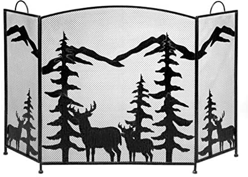 Fireplace Screen Foldable Fireplace Screen Spark Protective Cover Spark Screen Creative Elk Christmas Tree Pattern Metal Mesh Screen Fireplace Black Decorative Mesh Fire Safety Fence (Color : Black)