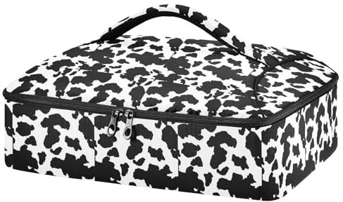 Mnsruu Black and White Spot Casserole Carrier for Hot or Cold Food, Insulated Casserole Dish Carrier Bag with Lid, Food Carrier for Travel Party Picnic Tote Bag