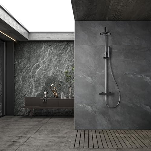 IMEX - Columna Ducha Termostatica con Grifo | Conjunto de Ducha con Alcachofa y Rociador Antical Efecto Lluvia | Griferia en Latón y Acero Inox S.304 con Barra Extensible Black Gun | Serie Nápoles