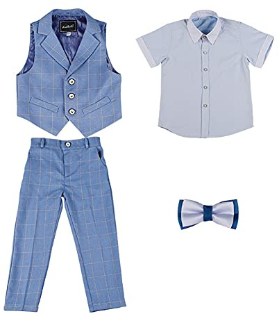 HONGBI Completi Estivi per Bambini e Ragazzi, Abito da Cerimonia Elegante da Ragazzo 4 Pezzi Camicia+Papillon+Gilet+Pantaloni, Set di Abbigliamento Bambino per Il Tempo Libero Battesimo Matrimonio