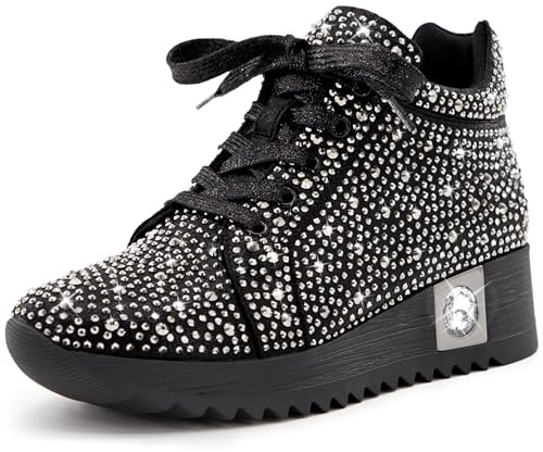 FINDVELL Women's Fashion Glitter Sneakers Platform Wedge Shoes Sparkly Rhinestone High Top Sneakers Trendy Sequin Shoes Wedding Bride Dress Size 11 Black
