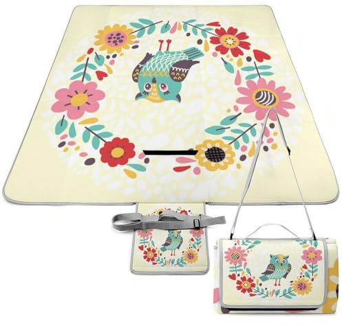 SEEKJOYS Picknickdecke mit Eulen und Blumen, faltbar, tragbar, 3-lagig, wasserdicht, sanddicht, Stranddecke für Outdoor, Camping, Reisen, Gras, Rasen, Park, Musikfestival