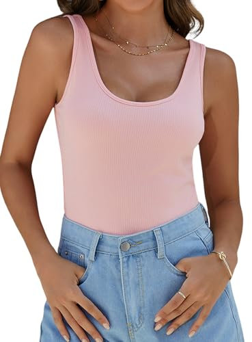 Aottori Damen Tank Top Sommer Sexy Oberteile Ärmellose Slim Fit Basic Shirt Gerippt Träger Blusentop Einfarbig Rosa XL