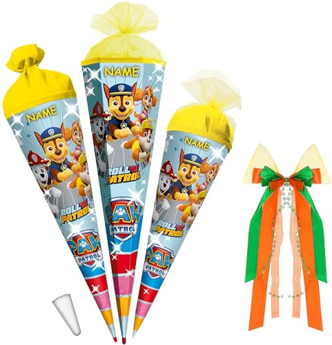alles-meine.de GmbH Schultüte - P. Patrol - Hunde - 35-85 cm - Größe wählbar - Holzspitze wählbar - inkl. Name - + Kunstoff Spitze + Schleife - Tüll - oder Filzabschluß - eckig..