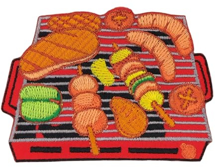 Gestickter Barbecue Grill Aufnäher zum aufbügeln oder aufnähen Bügelbild BBQ Bratwurst Gemüse Steak Fleisch Bügelpatch Aufbügler für Kleidung Bügelflicken Applikation Patch Größe 8,1 x 5,9 cm