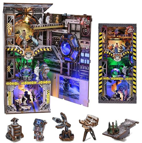 Ysityum Bücherecke Bausatz, 3D DIY Holzpuzzle Puppenhaus Bausatz für Erwachsene & Teens, Bücherecke Bücherregal Einsatz Dekoration Buchstütze Miniatur Bausatz mit Sensor Licht (Interstellar Home)