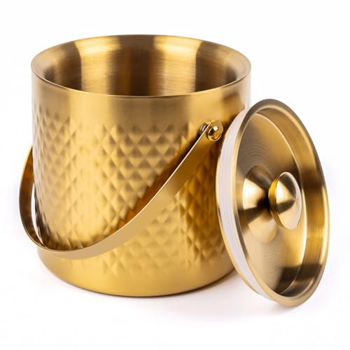 3L Double-Wall Insulated Stainless Steel Ice Bucket with scoop for Cocktail Bar - Metal Ice Bucket for freezer with Lid for parties,Camping,and More!champagne bucket,bar cart accessories(gold)