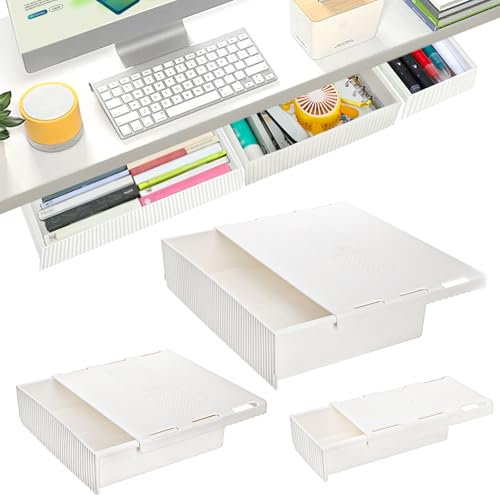 YOUEON 3 Pack Under Desk Drawer Slide Out, Self-Adhesive Under Table Drawer, Hidden Attachable Under Desk Storage Drawers, Stick on Drawers for Office, Home, School, White