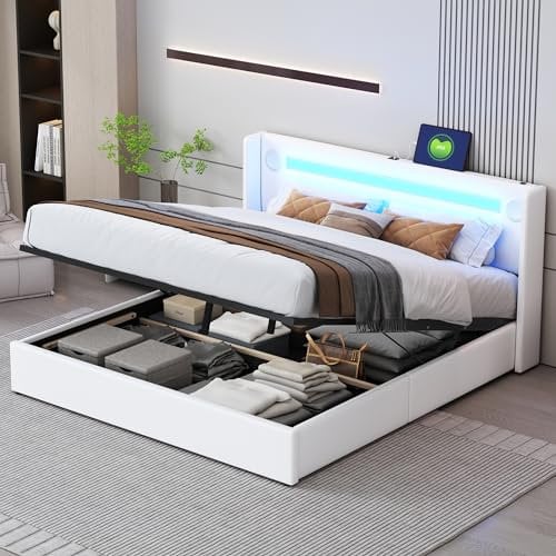 Huayz Polsterbett 160x200cm, Doppelbett,Bett mit LED-Lichtleiste, Bluetooth-Player und USB-Aufladung, Stauraumbett aus PU-Leder, Hochbettkasten, mit Lattenrost ﻿
