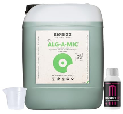 GROWMANIA Alg-A-Mic de BioBizz 5 l + Échantillon Boost Up Nutriments + Verre doseur | Solution biologique pour grands jardins | Vitalité et résistance pour grands jardins
