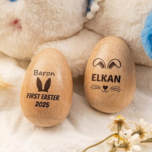 Personalisierte gravierte Osterei, hölzerne Ostereier-Shaker, Osterkorb-Dekorationen, Osterei-Namensschilder, Oster-Partygeschenke