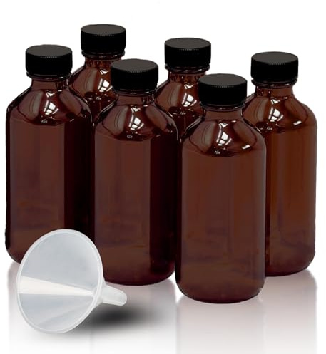6 Pack 2oz Amber Glass Bottles for Vanilla Extract, Boston Round Leak-Proof Brown Glass Jars with Caps, Bonus Funnel - Ideal for Homemade Extracts, Essential Oils, DIY Christmas Party Gift Supplies